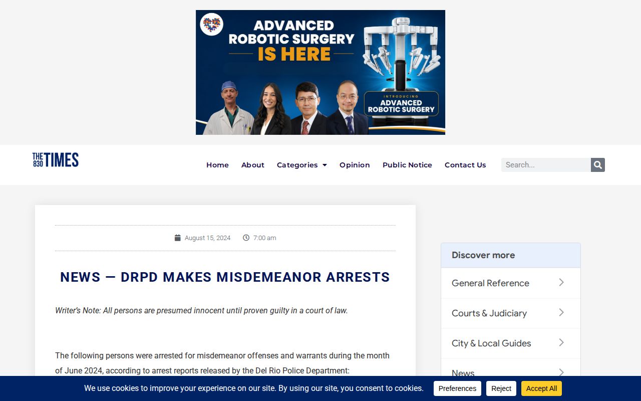 Val Verde County Del Rio Police arrest-record reporting headline at 830 Times